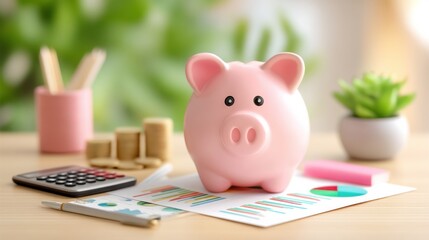 Poster - Pink Piggy Bank on Desk with Charts and Calculator, Representing Financial Planning and Investment Strategy for Future Savings and Retirement : Generative AI