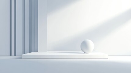 Poster - Minimalist White Sphere on Platform in Abstract Room, Symbolizing Simplicity and Modern Design for Product Showcase : Generative AI