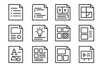 Set of 12 minimalistic document icons on dark background