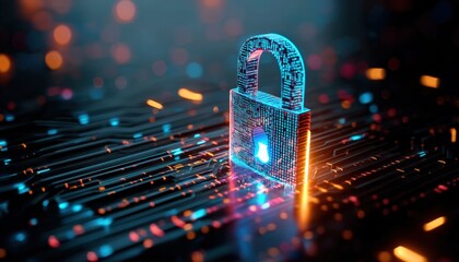 Aufkleber - Glowing digital lock on circuit board symbolizes online security, with binary code and circuit patterns