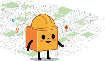 Wall Mural - cute orange construction block character on city map background vector illustration