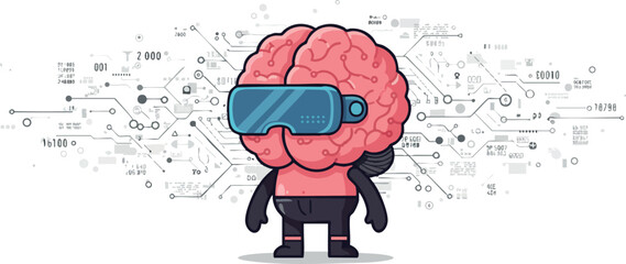 Wall Mural - human brain wearing virtual reality headset with circuit technology background vector illustration