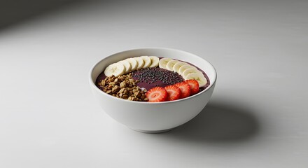 minimalist style for açaí topped with sliced banana and strawberry, in a white bowl over a monochrom