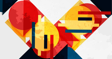 Aufkleber - Abstract geometric composition. Red, yellow shapes overlap, creating dynamic visual texture. White background provides contrast.