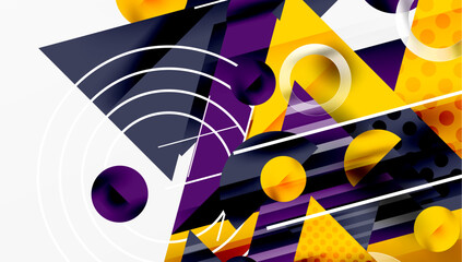 Aufkleber - Abstract geometric composition. Purple, yellow, white shapes overlap creating dynamic visual effect. Modern design elements present.