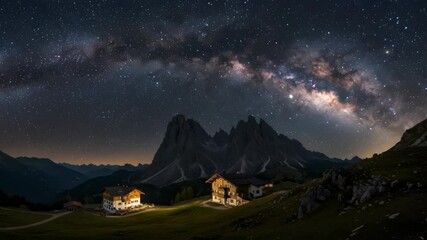 Wall Mural - Dramatic Milky Way Night Over Dolomite Mountains With Rustic Houses on Green Hillside Under Starry Sky Peaceful and Tranquil Scenery