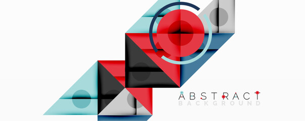 Fototapete - Geometric shapes overlap, creating modern abstract design. Red, blue, black colors dominate composition. Minimalist style.