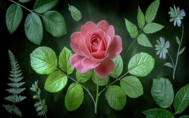 Wall Mural - Pink rose surrounded by greenery