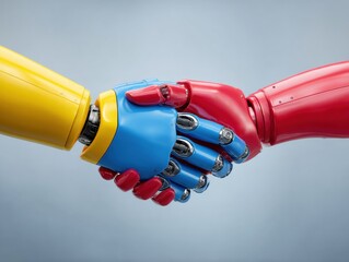 Poster - Colorful robotic hands shaking in futuristic partnership symbolizing human-AI collaboration and innovation in technology-driven industries and business integration
