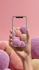 Aufkleber - Female Hand Holding Smartphone Showing 360-Degree Virtual Tour with Textured Background for Immersive Mobile Technology Marketing and Digital Exploration