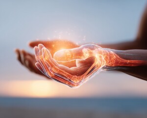 Aufkleber - Futuristic VR Medicine Hands Holding Glowing Anatomical Hologram with Diagnostic Data Overlays for Advanced Healthcare Technology Promotion