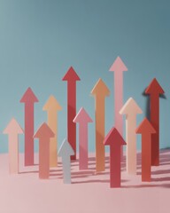 Fototapete - Ascending colorful arrows with dimensional opacity effect on pastel background representing positive market trends and strategic financial growth insights