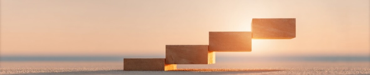 Poster - Minimalist Wooden Block Staircase Representing Structured Business Growth and Trajectory Planning with Natural Texture for Innovative Commercial Strategy