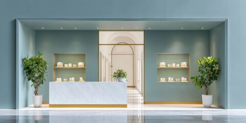 Poster - Modern Luxury Retail Interior with Minimalist Marble Reception, Organic Greenery, and Premium Display Cases for Exclusive Shopping Experiences