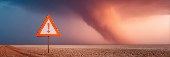 Poster - Tornado warning road sign with exclamation mark on rural highway under stormy sky and lightning strike emphasizing extreme weather alert and travel safety