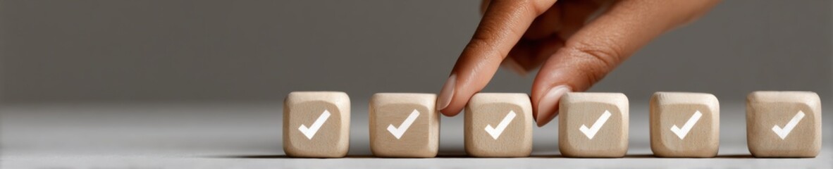 Fototapete - Modern Task Management Concept with Hand Arranging Wooden Cubes Featuring Check Marks for Systematic Progress and Organized Assessment in Business