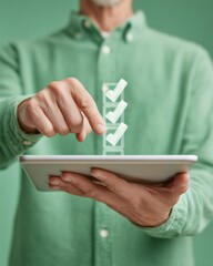 Aufkleber - Businessman Interacting with Digital Checklist on Tablet Showing Holographic Tick Marks for Efficient Performance Monitoring and Evaluation