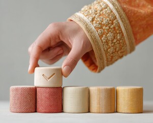 Aufkleber - Modern Business Concept with Hand Placing Final Wooden Disc with Check Mark Symbolizing Quality Control and Consensus Decision-Making in Minimalist Style