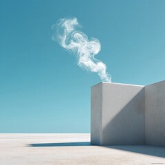Poster - Minimalist Concrete Structure with Elegant Steam Swirl Against Clear Blue Sky - Modern Design and Atmospheric Branding Concept for Contemporary Marketing