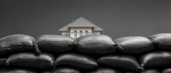 Poster - Flood Defense Sandbag Barrier Surrounding Educational Building in Overcast Environment for Community Safety and Infrastructure Protection - Resilience Concept