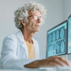 Poster - Senior Personalized Medicine Doctor Analyzing AI-Enhanced Brain Imaging Scans on Monitors for Precision Healthcare and Advanced Diagnostic Accuracy