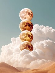 Poster - Sequential Lunar Phases Above Soft Clouds in Desert Landscape Celestial Cycle Visualization for Astronomy Education and Natural Rhythm Awareness