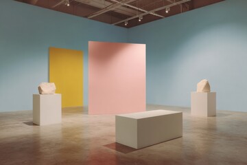 Aufkleber - Minimalist Modern Art Gallery with Abstract Stone Sculptures on White Pedestals in Spacious Exhibition Space Featuring Contemporary Cultural Innovation