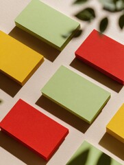Poster - Vibrant blank business cards in green, yellow, and red with textured paper on neutral background, showcasing modern branding and sustainable design trend