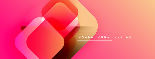 Fototapete - Abstract gradient background features overlapping squares. Pink, orange hues create modern visual effect. Text reads background design.