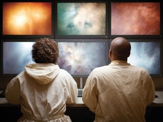 Aufkleber - Homeland Security Personnel Monitoring Tactical Surveillance Data on Multi-Screen Command Center in Modern Cybersecurity Operations for National Defense