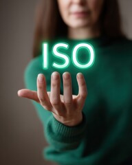 Aufkleber - Environmental Compliance Expert Holding Holographic ISO Certification Icon with Digital Documents - Modern Corporate Standards and Quality Assurance Concept