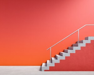 Aufkleber - Modern Concrete Staircase with Metal Railings Against Vibrant Orange Wall for Commercial Architecture and Urban Infrastructure Design Trends