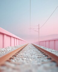 Poster - Modern Pink Trackside Railway with Parallel Steel Rails and Overhead Power Lines Representing Connectivity and Sustainable Transit Infrastructure