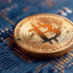 Poster - Detailed gold bitcoin coin on digital circuit board background symbolizing blockchain innovation, digital asset security, and next-generation finance technology