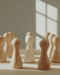 Aufkleber - Strategic Alliance Network Concept with Wooden Human Figurines and Illuminated Connections on Playing Board for Business Innovation and Organizational Synergy