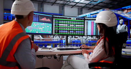 Poster - Warehouse Manager Handles Spreadsheets On Desktop Computer In Logistic Center