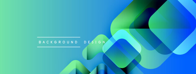 Poster - Abstract gradient background features overlapping squares. Blue, green hues create modern visual effect. Text reads background design.