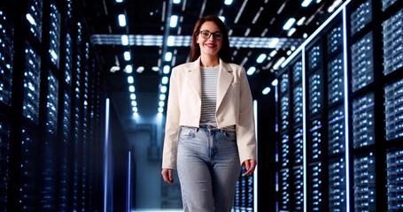 Poster - Professional Woman Configuring Server Network In Data Management Center