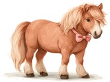 A cute cartoon pony with a pink bow tie stands facing forward on a white background in watercolor style.