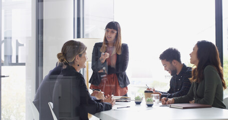 Poster - Business people, meeting and group in office, discussion and feedback for budget report. Employees, accounting and financial advisor with cooperation, team or coaching for profit growth and glass