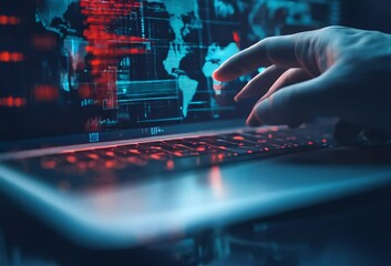 A hand types on a laptop displaying a world map and red coding, suggesting global online activity or hacking
