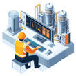 © Nattapat - power plant grid management electrical engineer working job on monitors control isometric isolated industrial concept illustration, vector style simple color