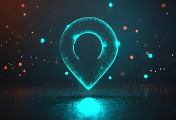 Wall Mural - glowing teal location pin on dark background with bokeh