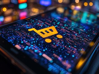 shopping cart icon on a tablet screen with digital code