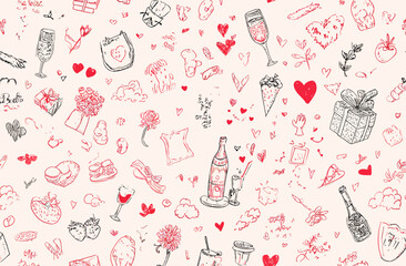 Wall Mural - seamless valentine's day pattern romantic hand-drawn doodle background