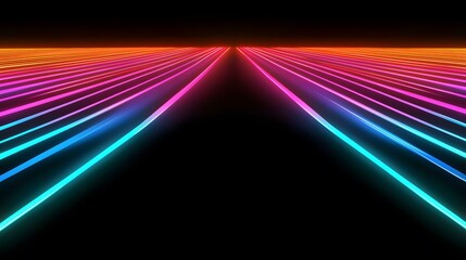Wall Mural - the image contains a series of bright, neon lines in a gradient of orange, pink, and blue, convergin