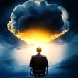 © Kunwalee - A thoughtful individual sits in a chair, gazing at an illuminated cloud formation representing ideas and inspiration, evoking creativity and contemplation in a surreal setting.