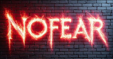 Aufkleber - Bright red NO FEAR text glows against dark brick wall. Dramatic lighting creates intense visual impact. Bold typography dominates composition.