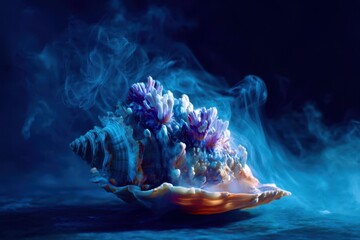 Poster - A shell with a blue and purple coral on it