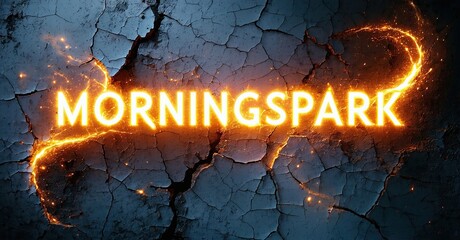 Poster - Bright text MORNINGSPARK glows against cracked blue surface. Sparks radiate from letters, creating dramatic effect. Dark background enhances contrast.